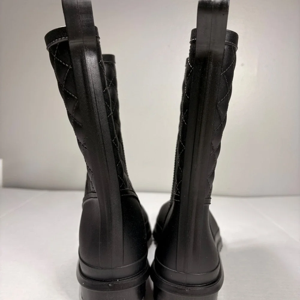 Black Quilted Rubber Rain Boots Mid Calf Waterproof Lug Sole Matte Size 41 913